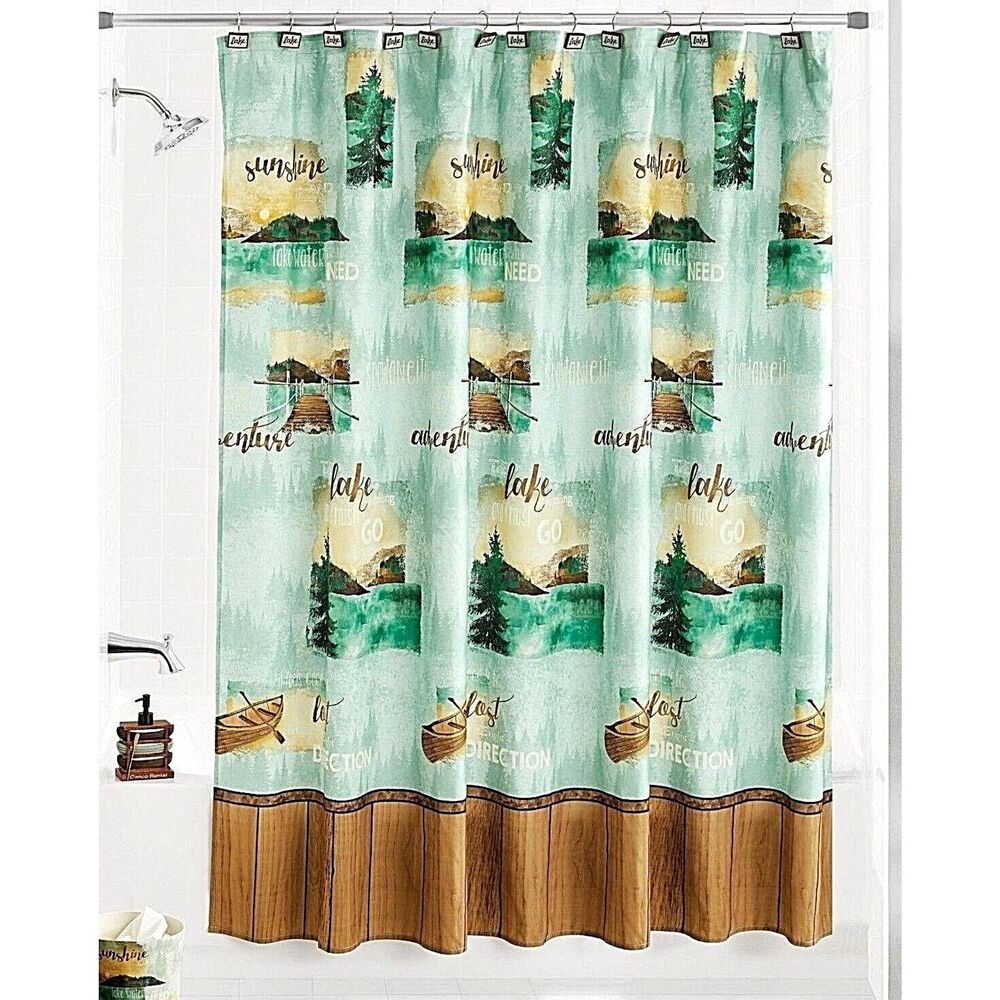 Mountain Lake Fabric Shower Curtain Teal Green Brown Fishing Boat Bath Gift NEW